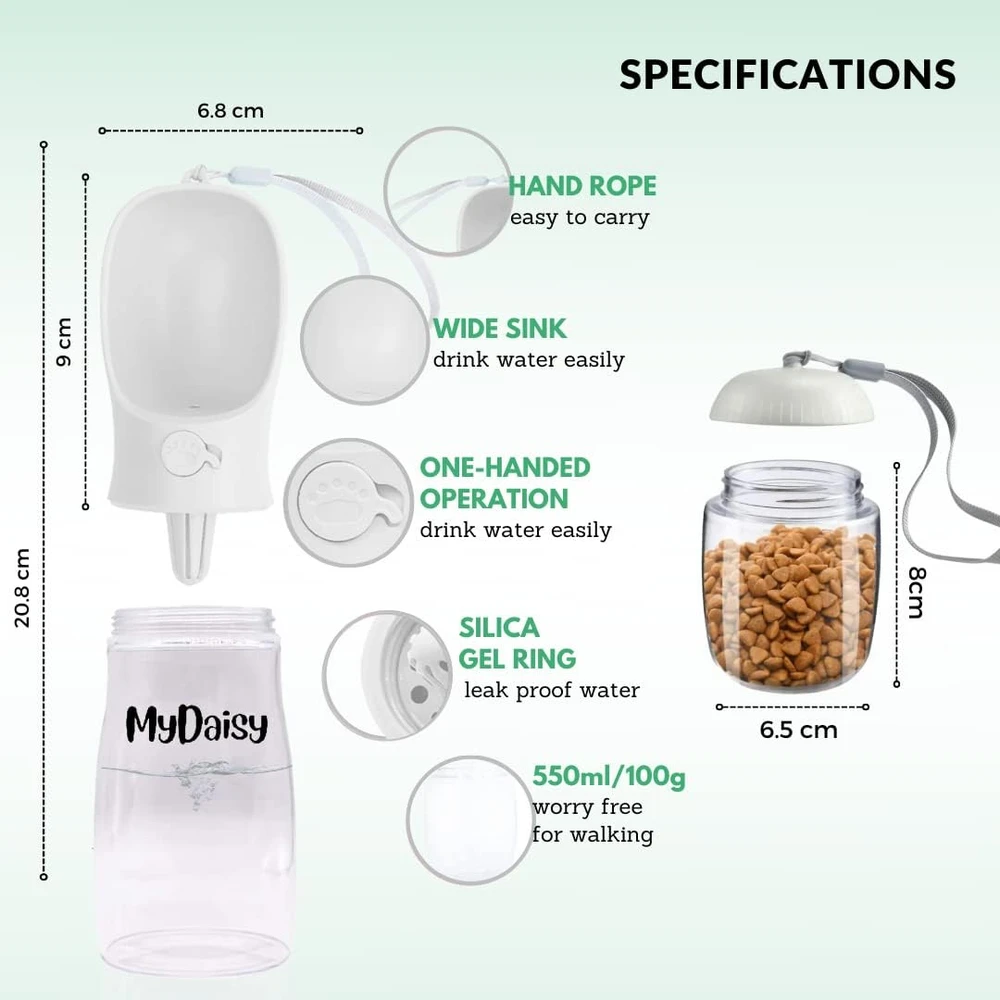 MYDAISY kelioninis vandens butelis šunims, 550 ml talpa, integruotas 100 g maisto konteineris, baltas