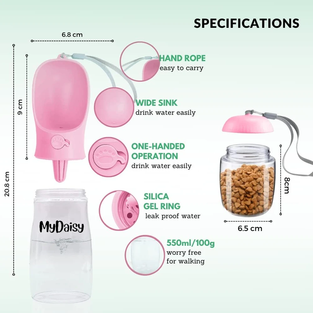 MYDAISY vandens butelis šunims, 550 ml talpos, su 100 g maisto konteineriu, sandarus, baltas