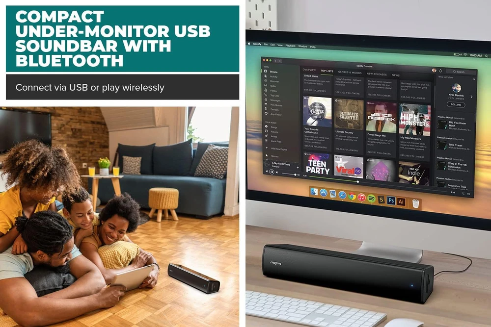Namų kino sistema Creative Soundbar po monitoriumi Stage Air V2 juodos spalvos Bluetooth 5.3