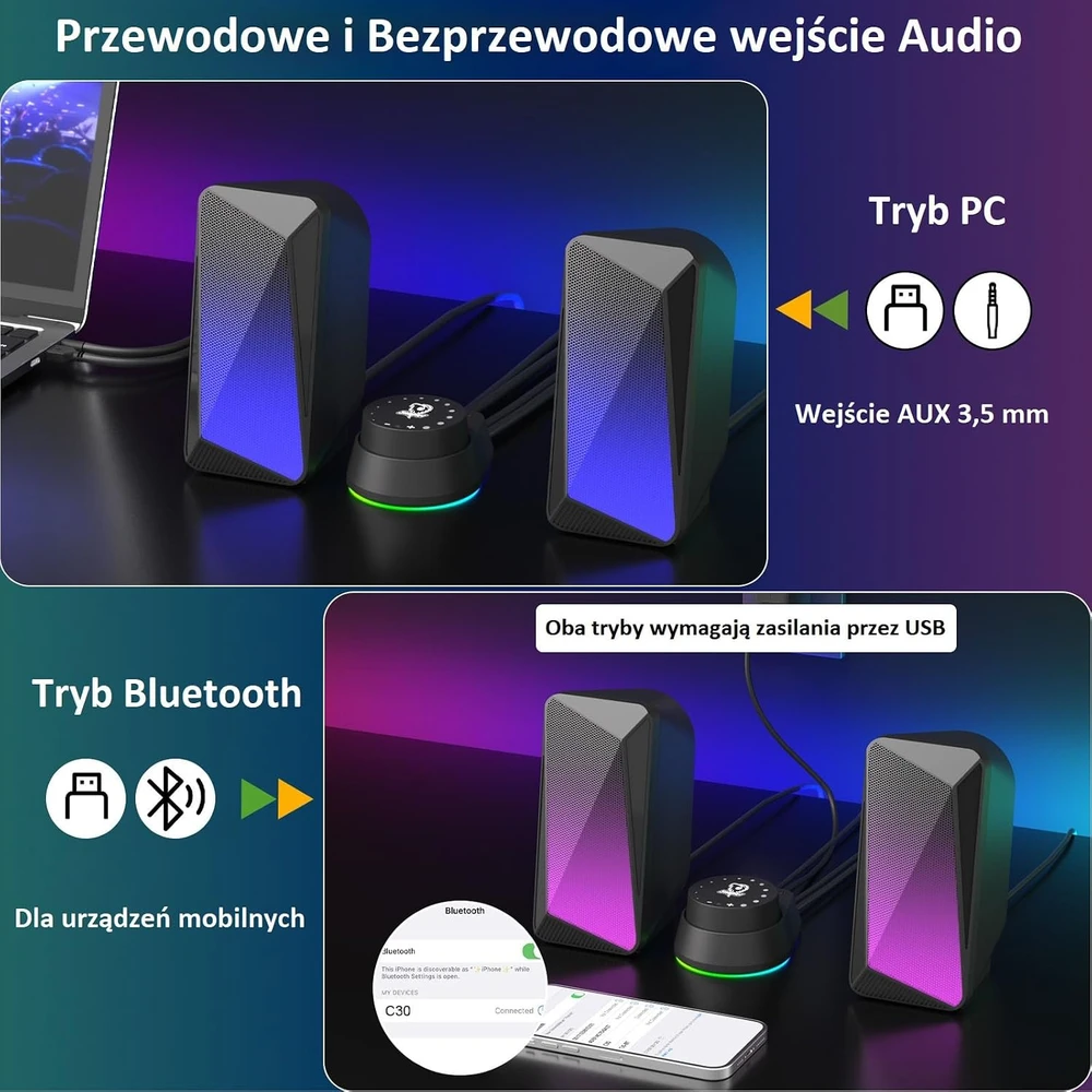 Namų kino sistema SOULION kompiuterinė garso juosta Bluetooth, AUX 3,5 mm, USB, LED, 10 W C30BK