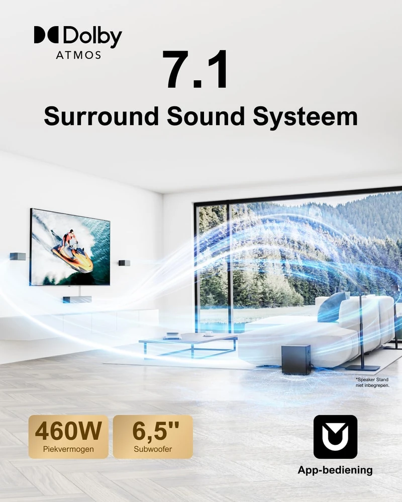 Namų kino sistema ULTIMEA 7.1 garso sistema su Dolby Atmos, 460 W, belaidžiu 6,5 colio žemųjų dažnių garsiakalbiu, 4 erdviniais garsiakalbiais, Poseidon D80
