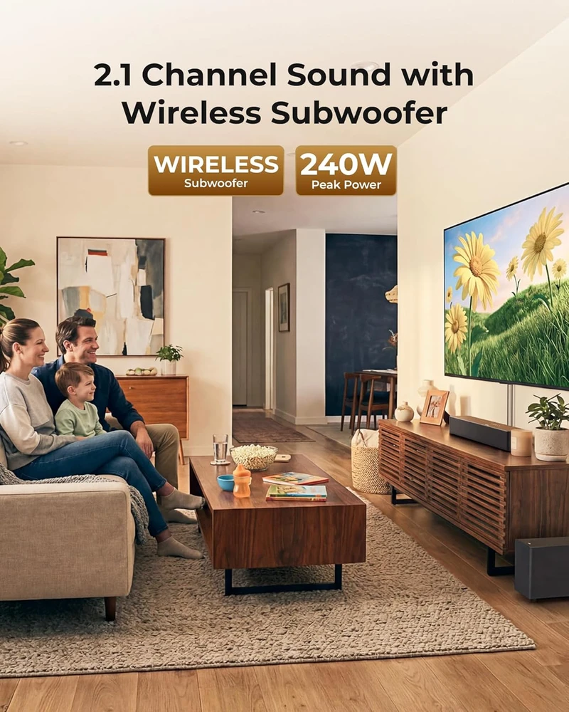 Namų kino sistema ULTIMEA garso juosta su belaidžiu žemųjų dažnių garsiakalbiu, Bluetooth 6.0, HDMI, 240 W, Poseidon M30