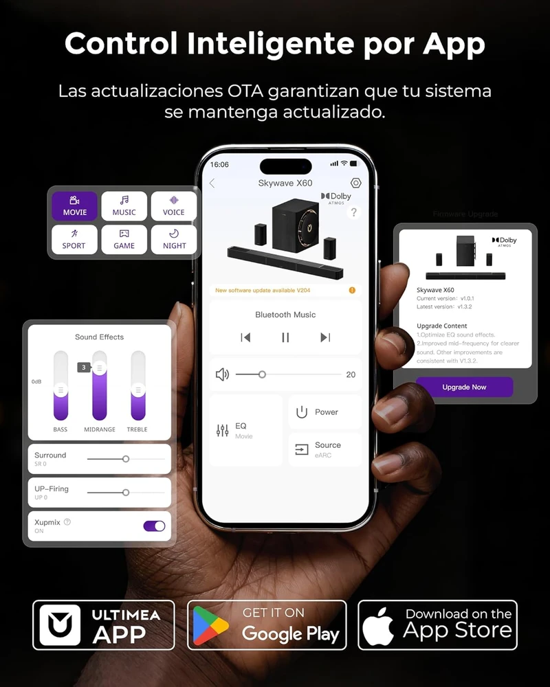 Namų kino sistema ULTIMEA namų kino garso sistema 7.1.4 su 840 W garso juosta, belaidžiu 8 colių žemųjų dažnių garsiakalbiu, Dolby Atmos, Skywave X60
