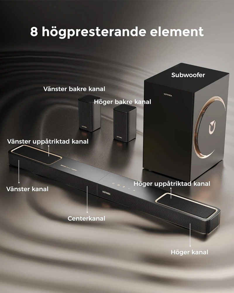 Namų kino sistema ULTIMEA namų kino garso sistema 5.1.2 su Dolby Atmos, belaidžiu žemųjų dažnių garsiakalbiu, 460 W, HDMI eARC, Bluetooth, Skywave F40 Boom