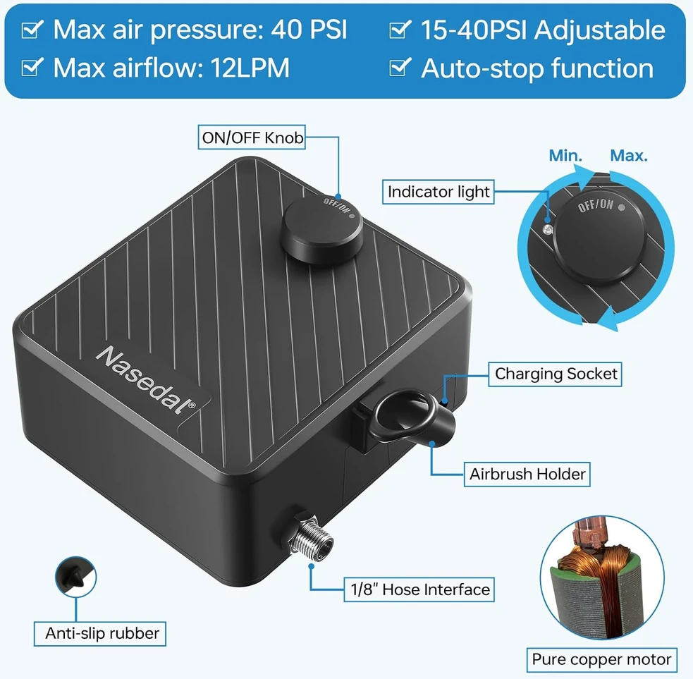 Nasedal dvigubo veikimo aerografo rinkinys su 40 PSI kompresoriumi NT-99B-5Kit