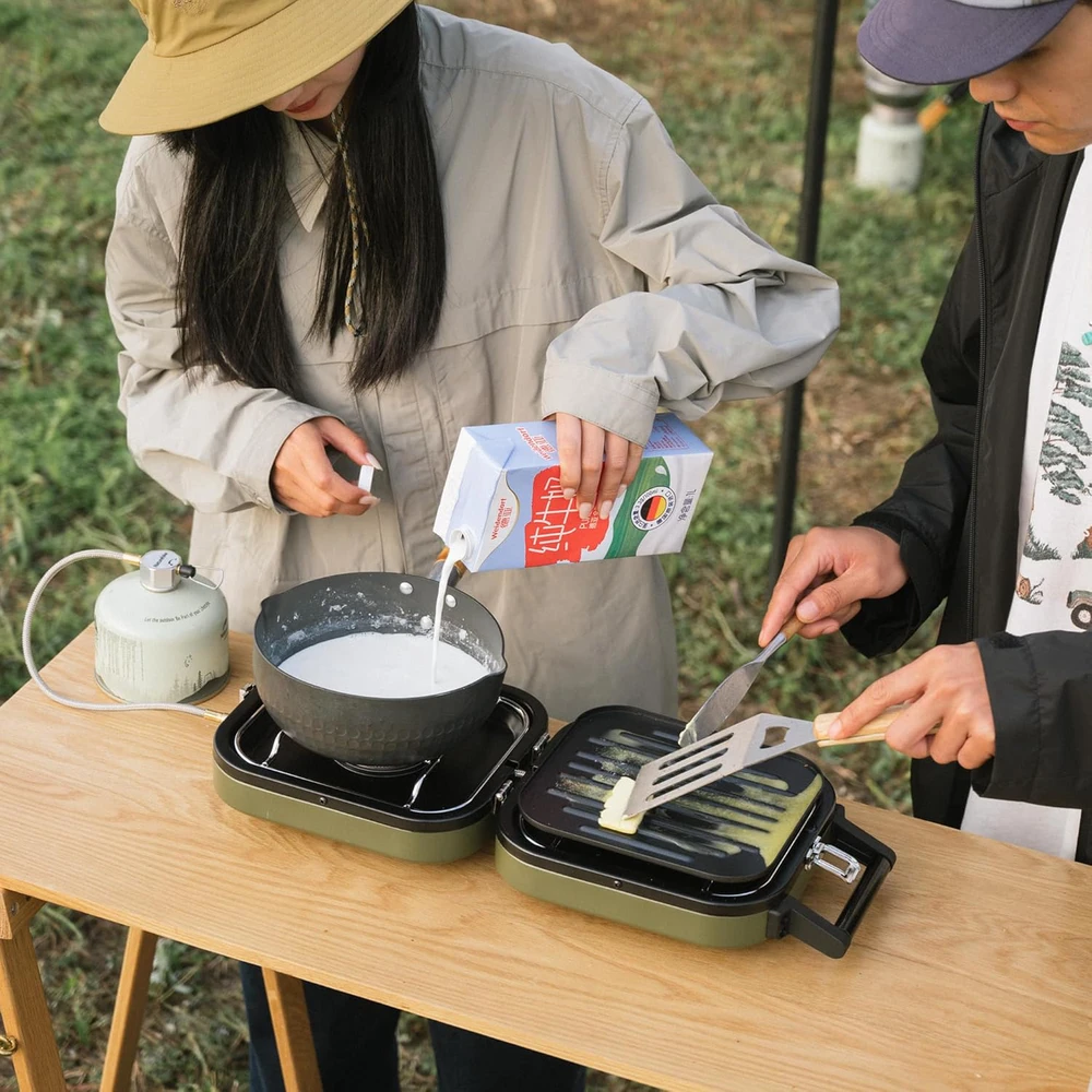 Naturehike dviguba sulankstoma dujinė stovyklavimo viryklė su grill plokšte, 2 degikliai