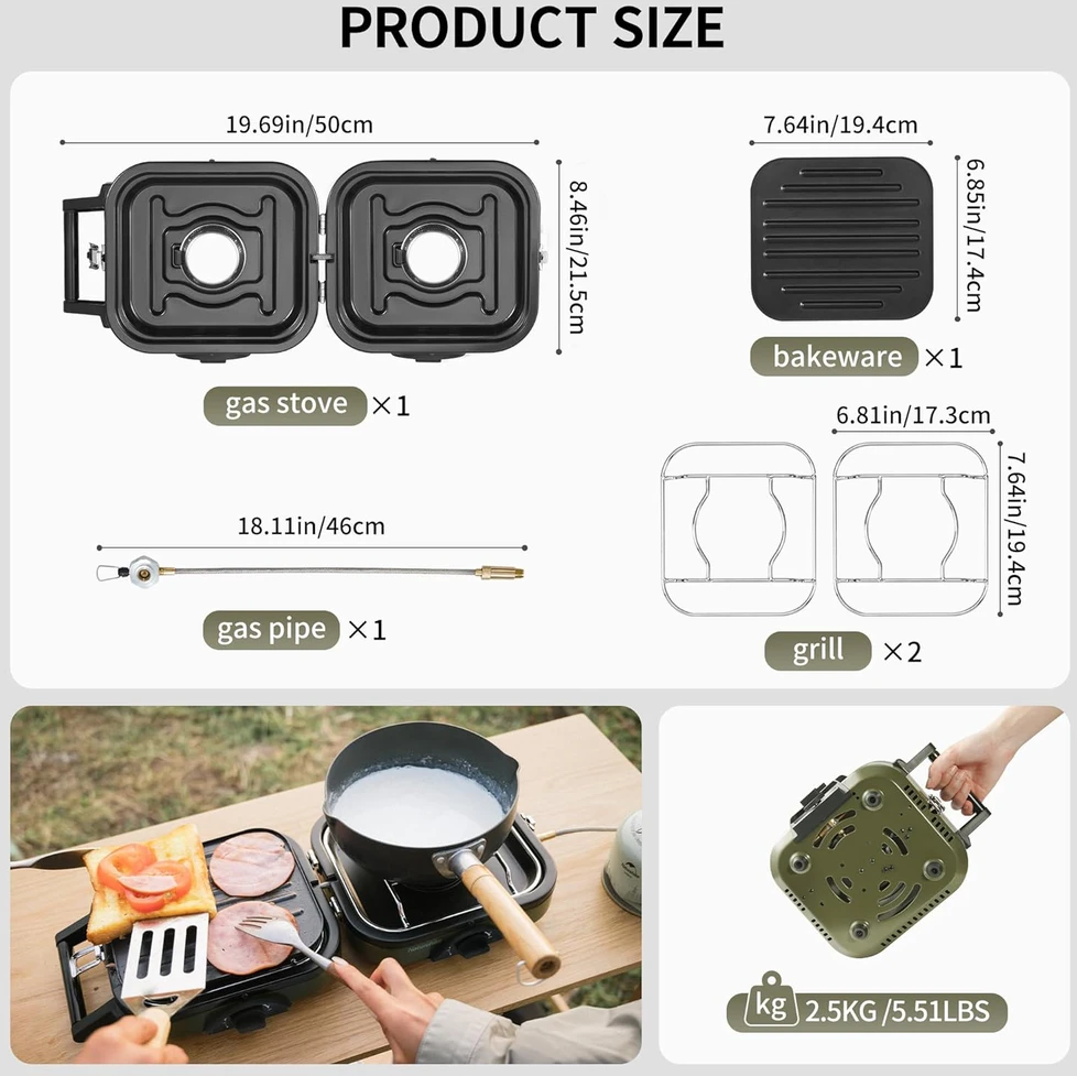 Naturehike dviguba sulankstoma dujinė stovyklavimo viryklė su grill plokšte, 2 degikliai