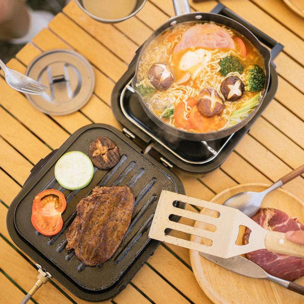 Naturehike dviguba sulankstoma dujinė stovyklavimo viryklė su grill plokšte, 2 degikliai