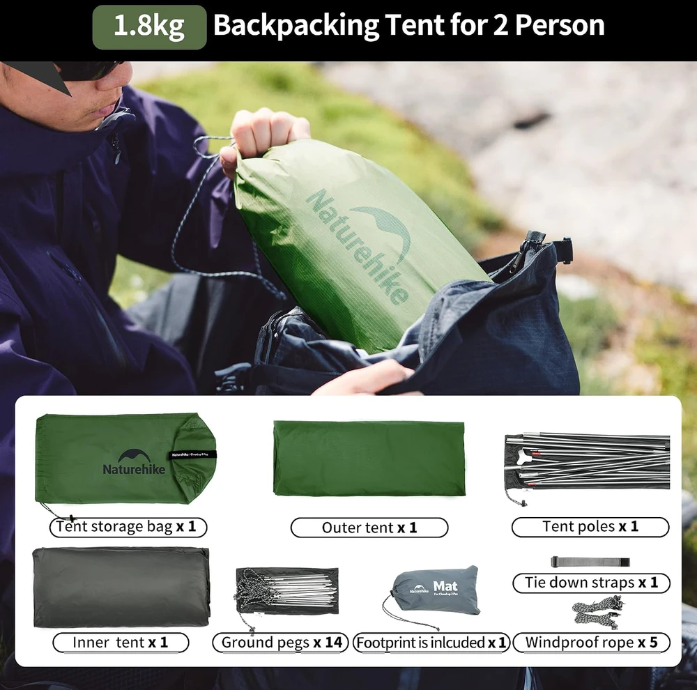 Naturehike dvivietė lengva kupolinė palapinė Cloud Up Pro 2, 1,8kg, vandeniui atspari