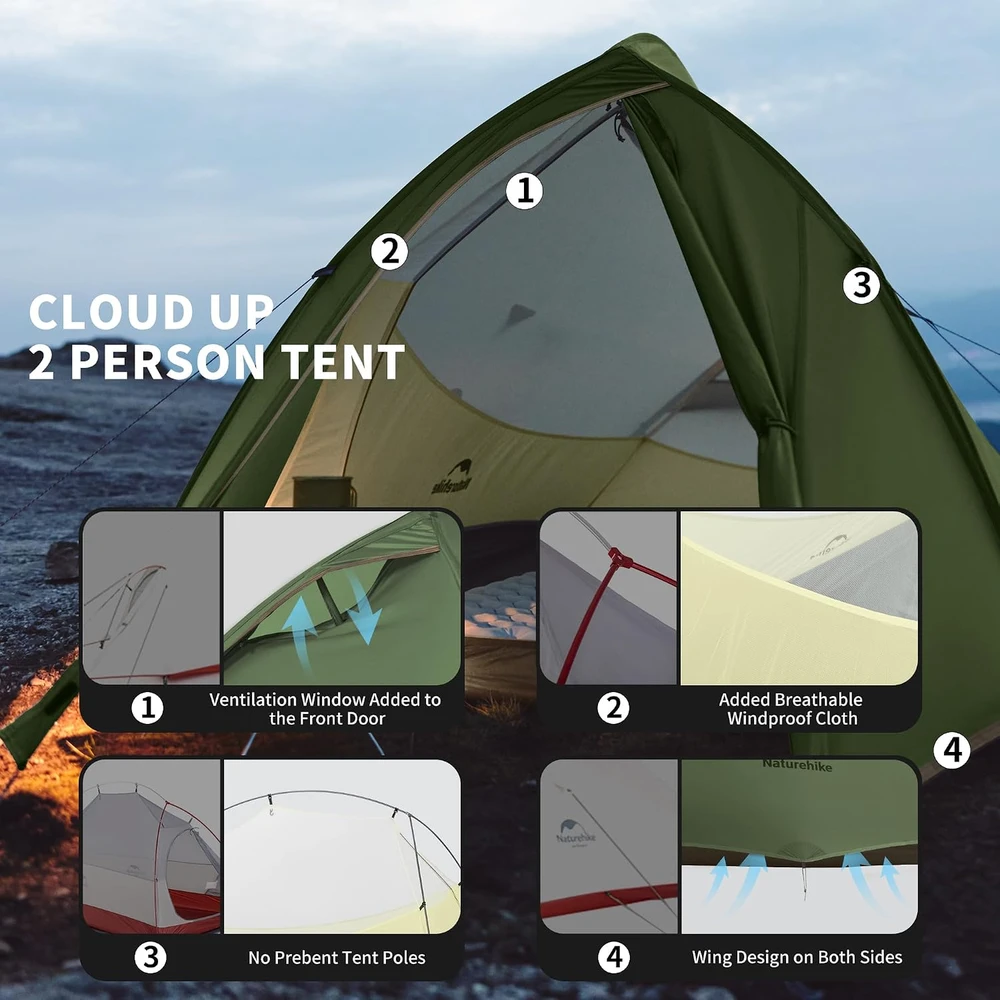 Naturehike dvivietė lengva kupolinė palapinė Cloud Up Pro 2, 1,8kg, vandeniui atspari