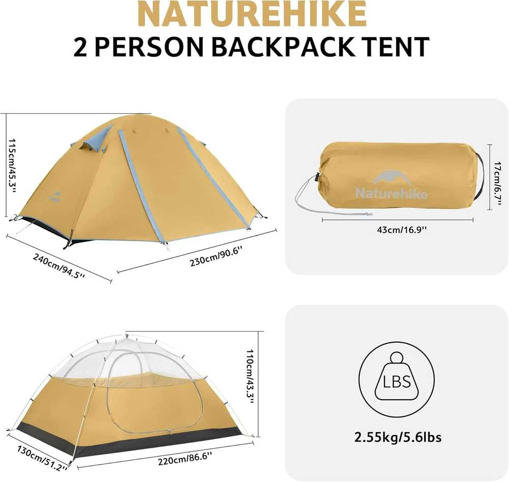 Naturehike kupolinė palapinė 2–3 asmenims, 2 įėjimai, 3 sezonų, 2,55 kg, Bleik B