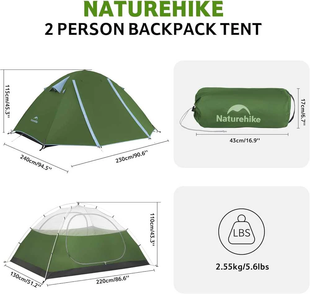 Naturehike kupolinė palapinė 2–3 asmenims, 2 įėjimai, 2,55 kg, žalia, Bleik B