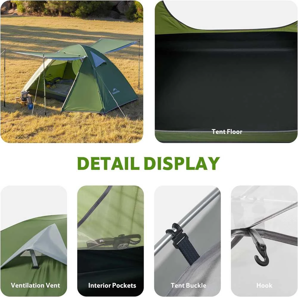 Naturehike kupolinė palapinė 2–3 asmenims, 2 įėjimai, 2,55 kg, žalia, Bleik B