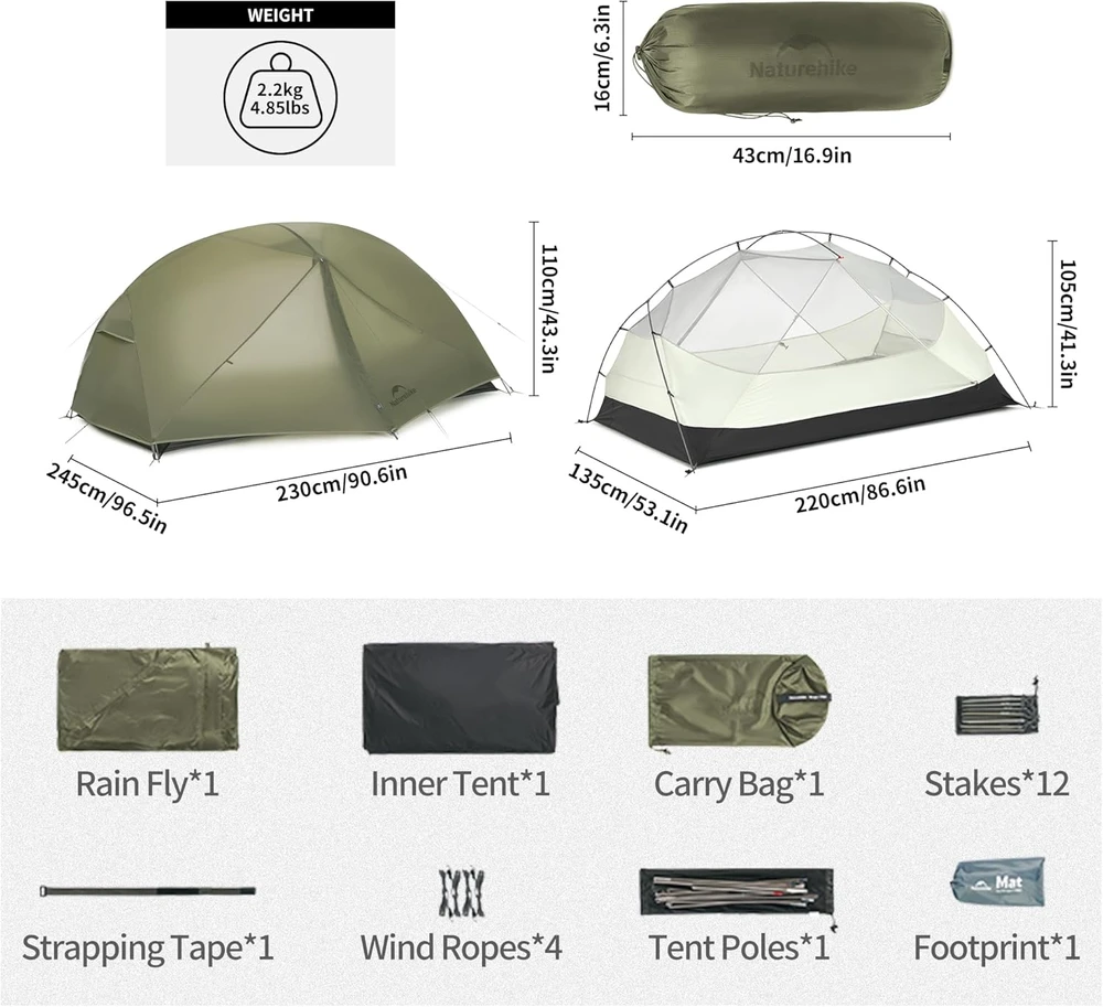 Naturehike Mongar Pro dvivietė ultralengva palapinė, 3 sezonų, vandeniui atspari, CNK2550WS037