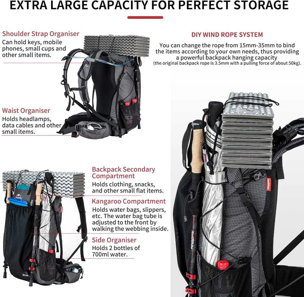 Naturehike turistinė kuprinė su vidiniu rėmu, 65 l talpa, juoda, NH19BP095