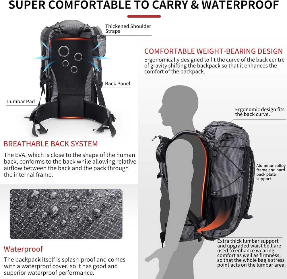Naturehike turistinė kuprinė su vidiniu rėmu, 65 l talpa, juoda, NH19BP095