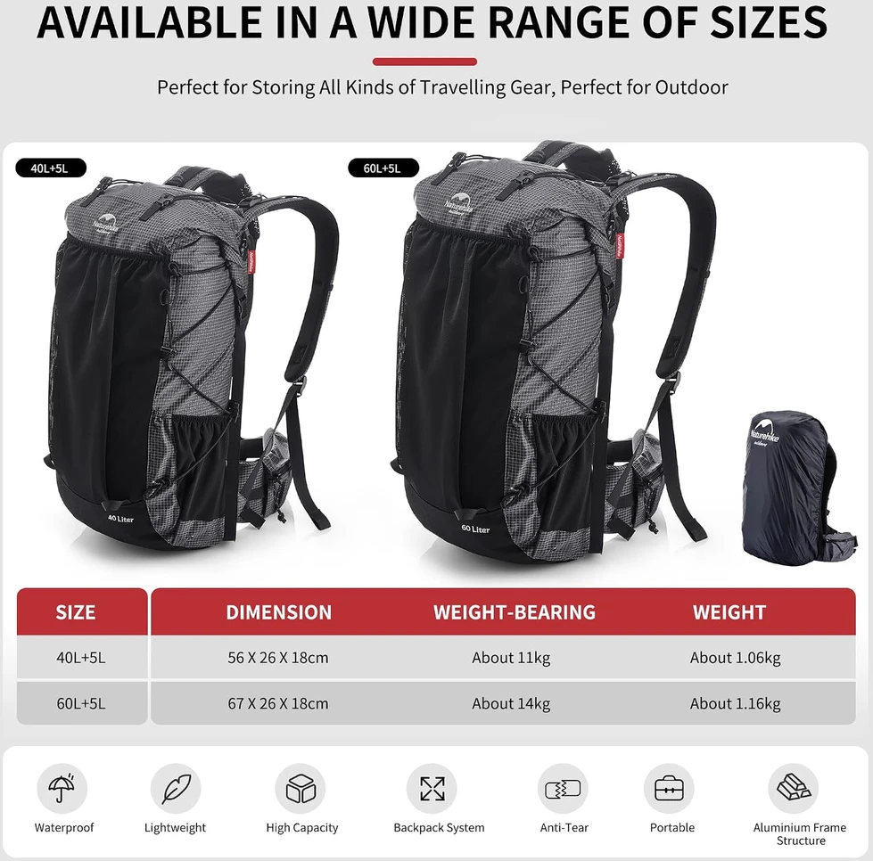 Naturehike turistinis kuprinės tipas su rėmu, 45 l talpa, vandeniui atsparus, NH19BP095