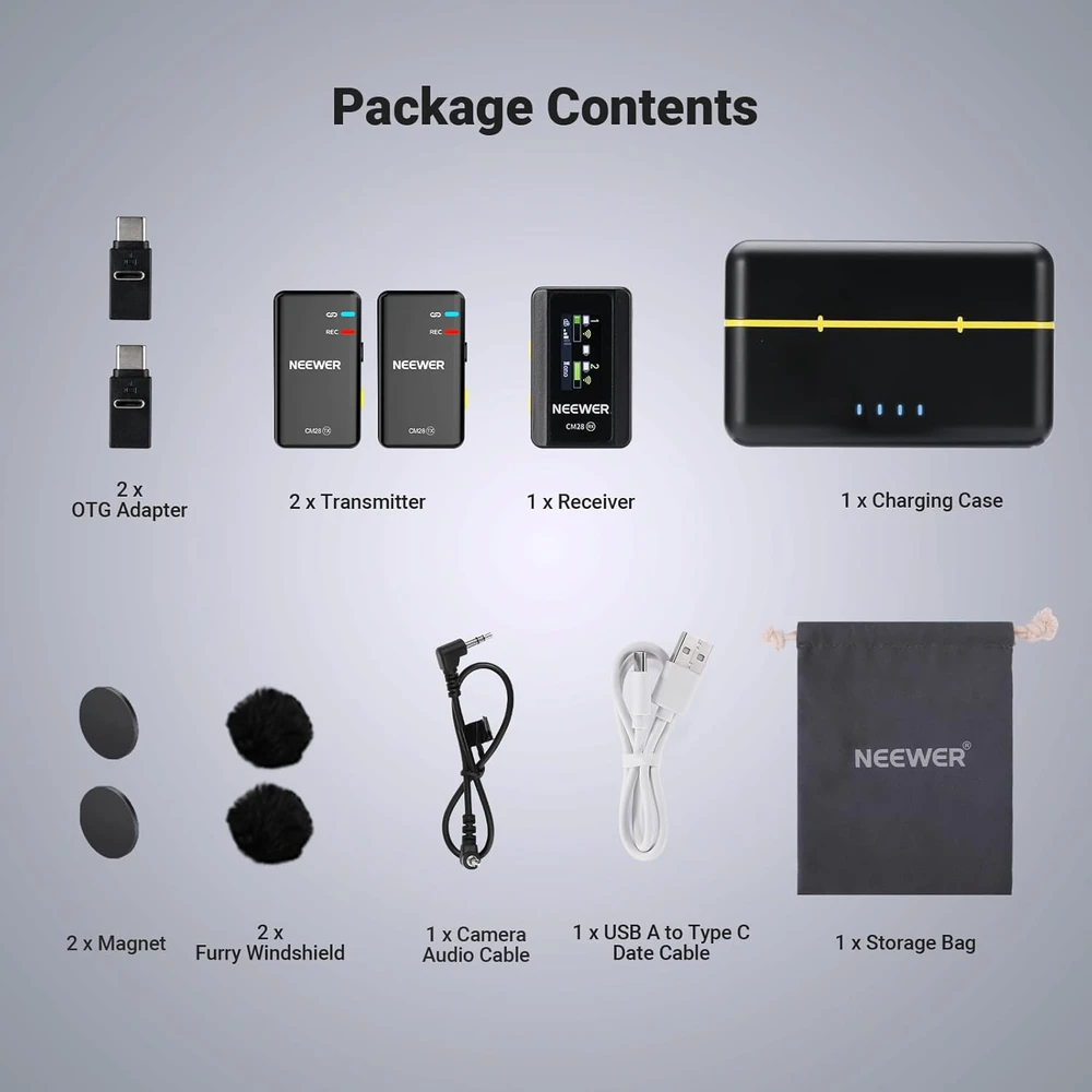 NEEWER belaidė lavalier tipo mikrofonų sistema su įkrovimo dėklu, 4 GB atmintis CM28