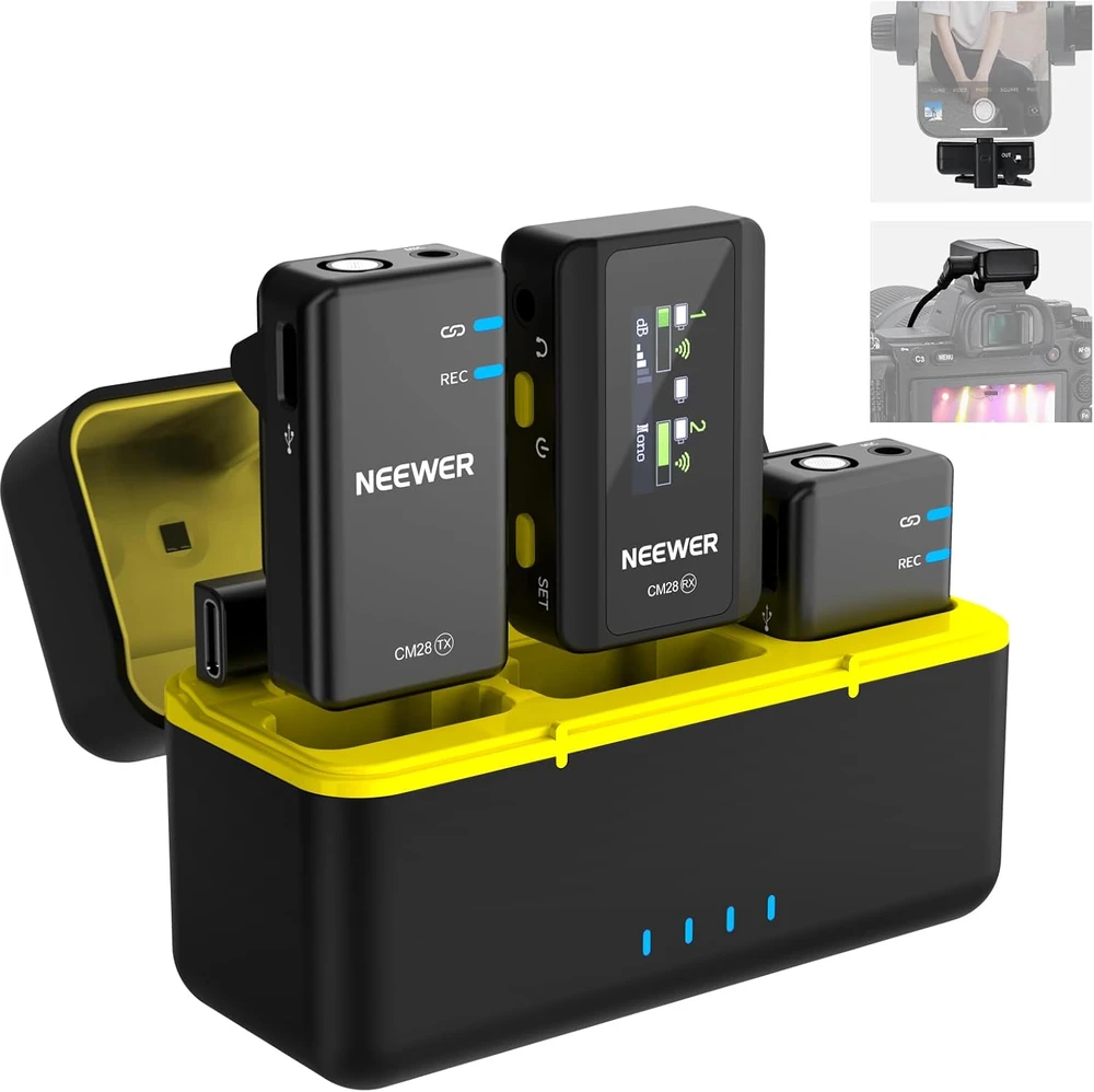 NEEWER belaidė lavalier tipo mikrofonų sistema su įkrovimo dėklu, 4 GB atmintis CM28