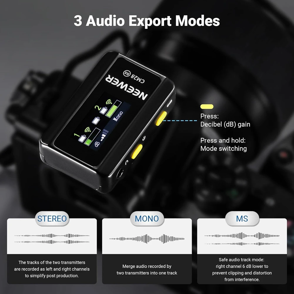 NEEWER belaidė lavalier tipo mikrofonų sistema su įkrovimo dėklu, 4 GB atmintis CM28