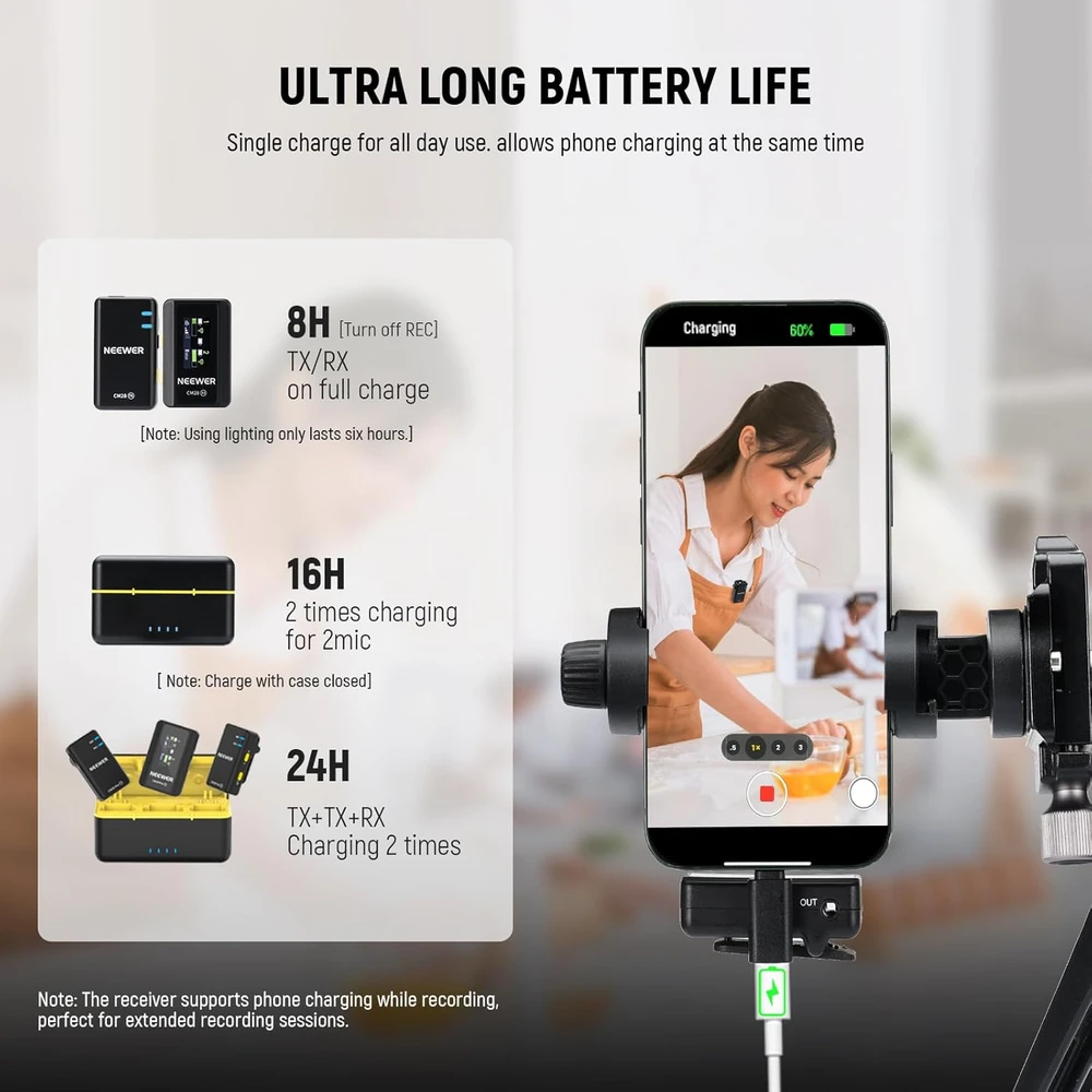 Neewer CM28 belaidžių lavalier mikrofonų sistema su 4 GB atmintimi ir 200 m perdavimu