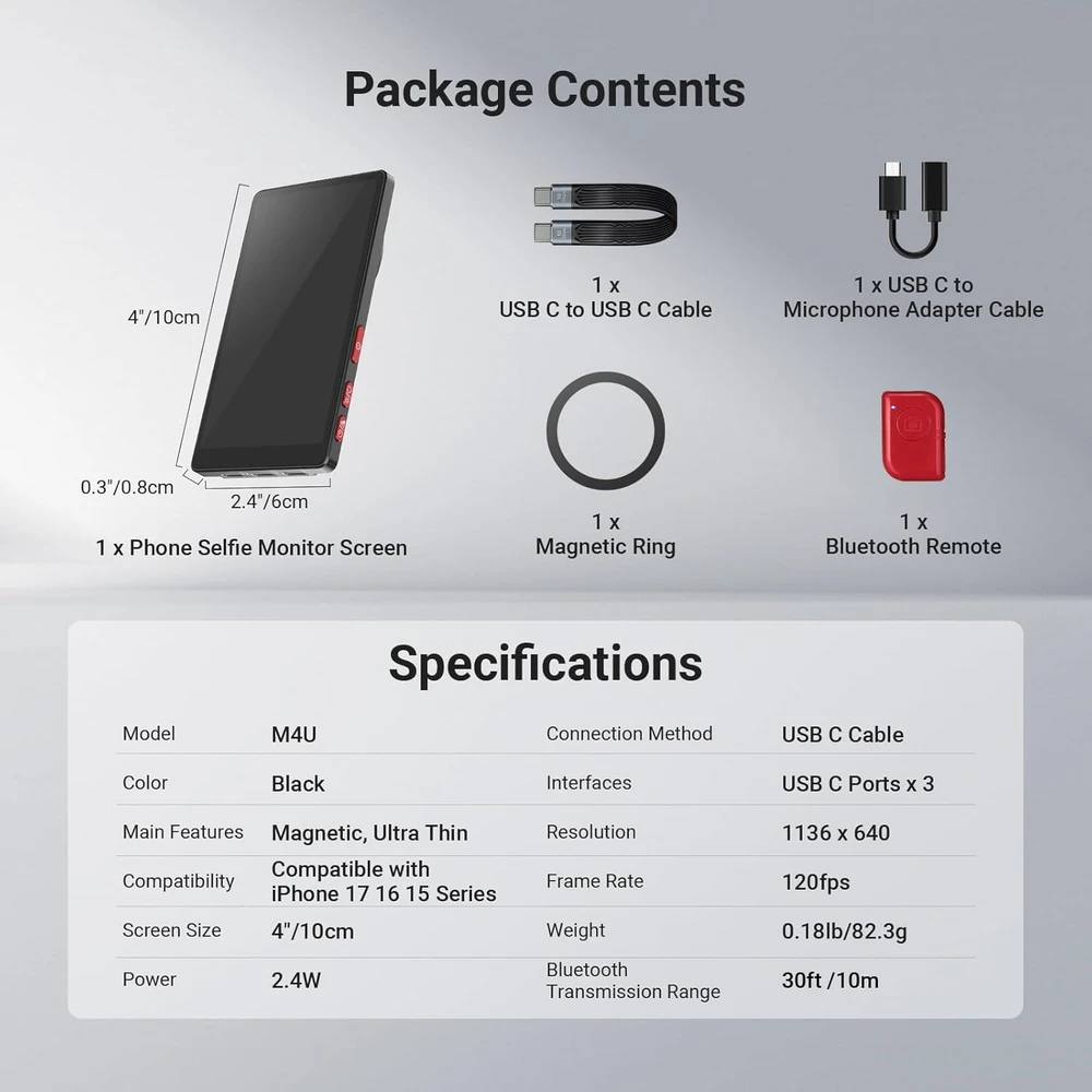 NEEWER išmaniojo telefono magnetinis monitorius asmenukėms, 4 colių 600 nitų, USB-C, M4U