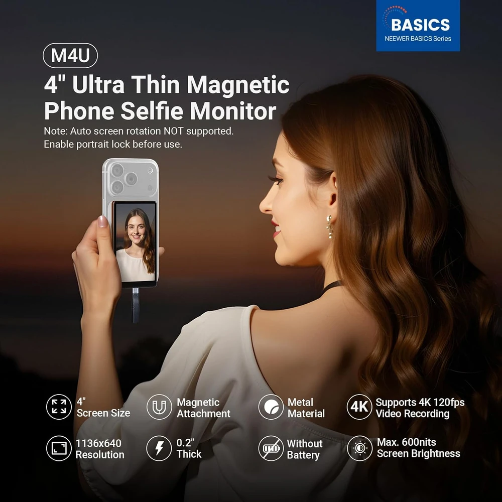 NEEWER išmaniojo telefono magnetinis monitorius asmenukėms, 4 colių 600 nitų, USB-C, M4U