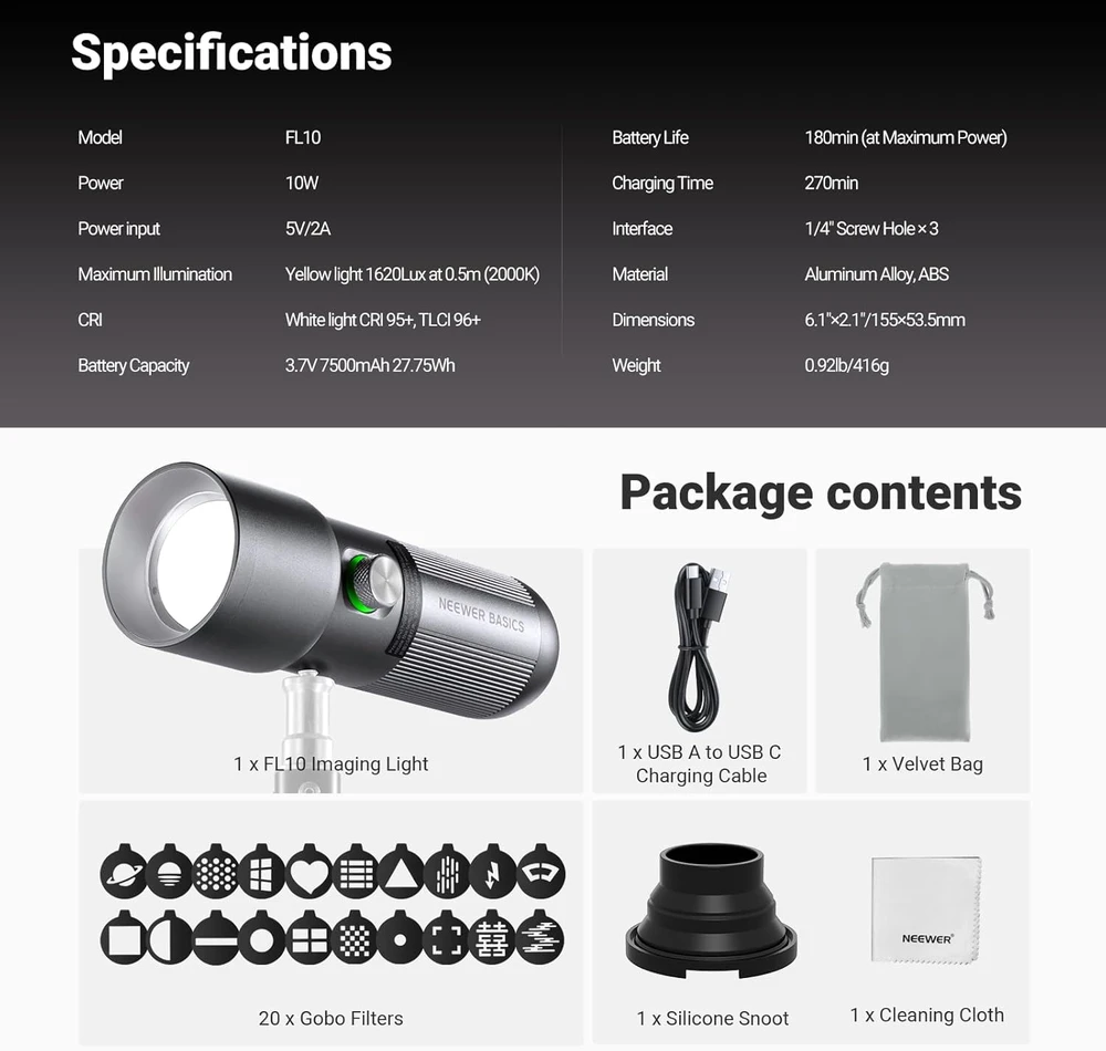 NEEWER LED fotografijos lempa 10 W, 7500 mAh, 4 spalvų režimai, USB-C įkrovimas, FL10