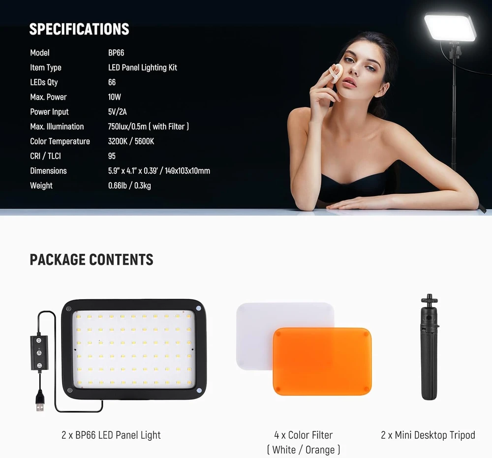 NEEWER LED šviestuvų rinkinys BP66, 66 LED, reguliuojamas, 10 W, USB, stalo ir vaizdo konferencijoms