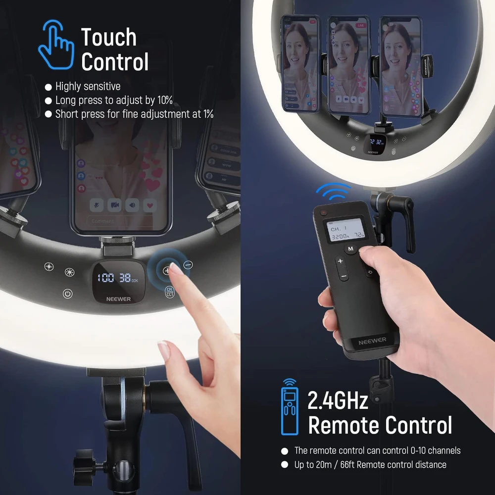Neewer LED žiedinė lempa su stovu, 19 colių, 45 W, Bluetooth, LCD, RP19H
