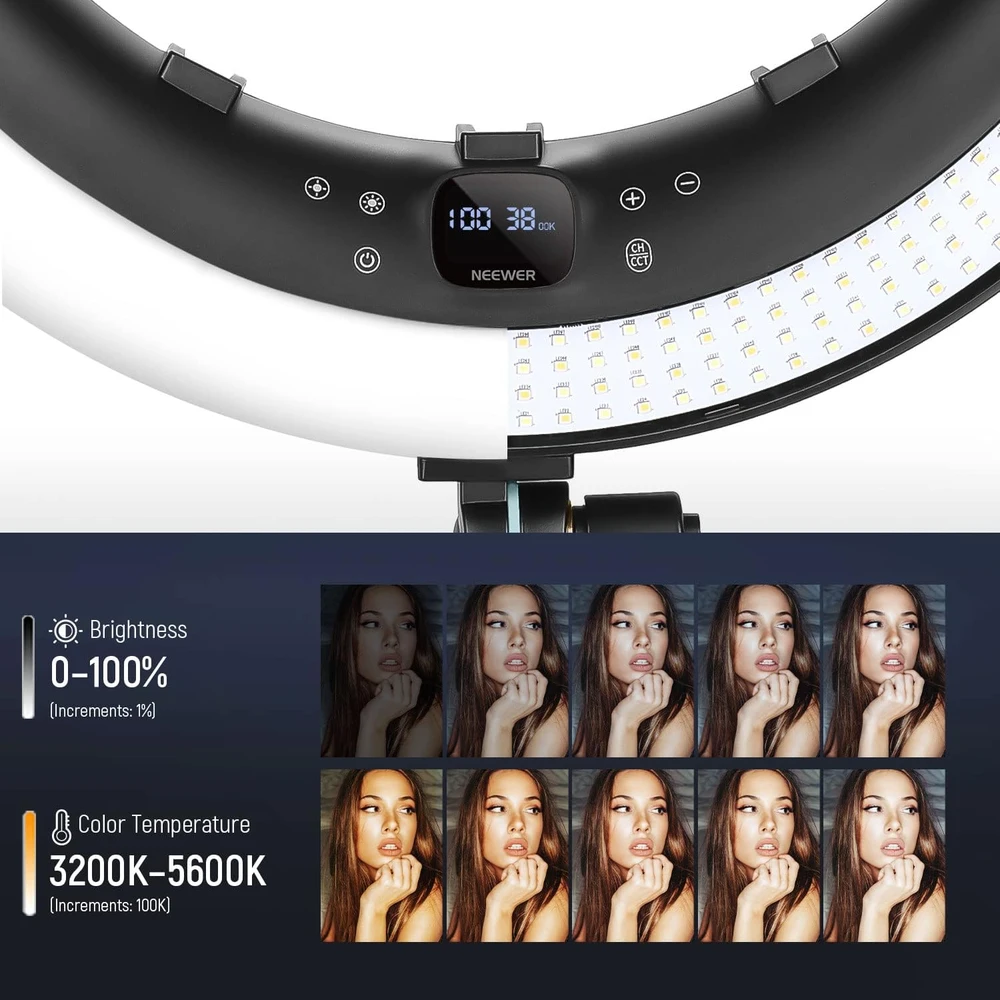 Neewer LED žiedinė lempa su stovu, 19 colių, 45 W, Bluetooth, LCD, RP19H