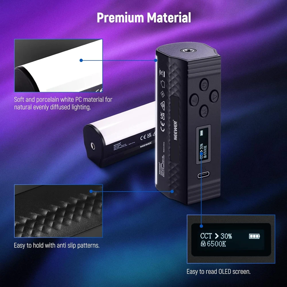 NEEWER magnetinė RGB LED vaizdo šviesos juosta, 6 W, 2500–8500 K, 2500 mAh, TL96RGB su mini stovu
