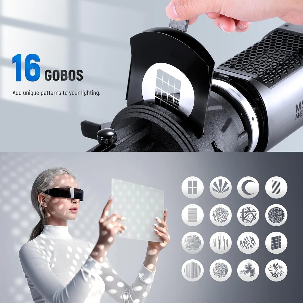 NEEWER optinis spotlight snoot su 20° reguliuojama fokusavimo funkcija ir 16 gobo, LS-48 modelis