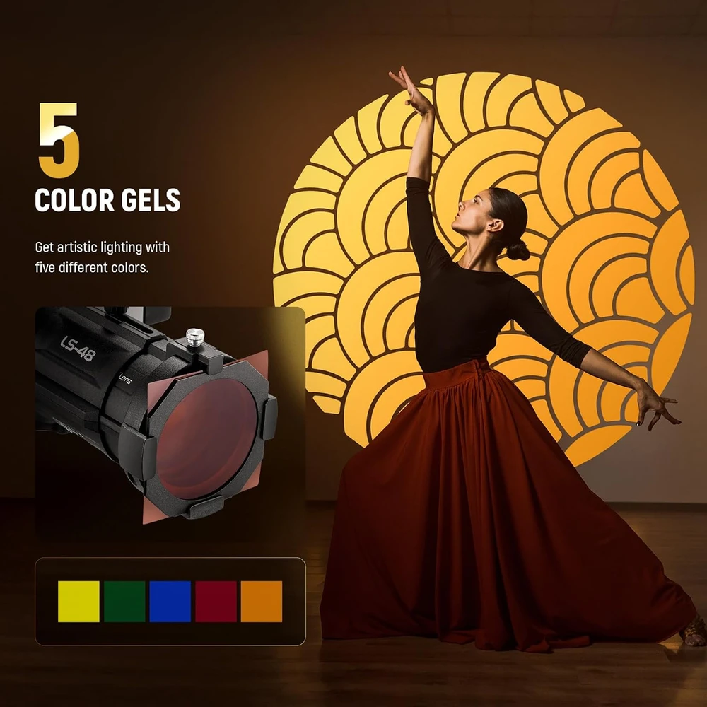 NEEWER optinis spotlight snoot su 20° reguliuojama fokusavimo funkcija ir 16 gobo, LS-48 modelis