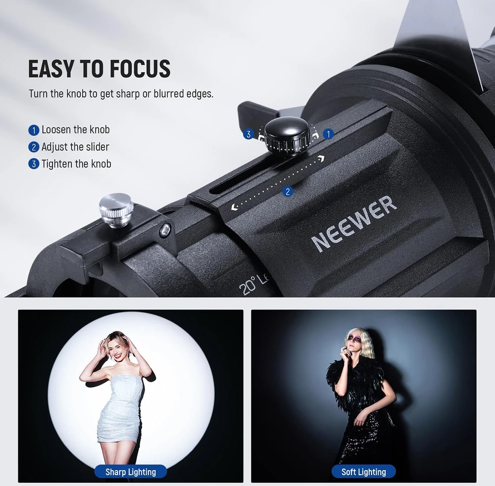 NEEWER optinis spotlight snoot su 20° reguliuojama fokusavimo funkcija ir 16 gobo, LS-48 modelis