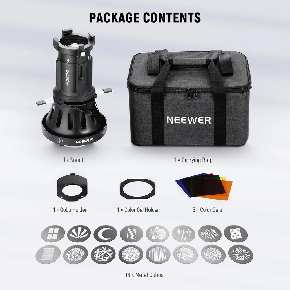 NEEWER projekcinis reflektoriaus snoot su 20° objektyvu, reguliuojama fokusavimo funkcija, Bowens tvirtinimas, LS-39