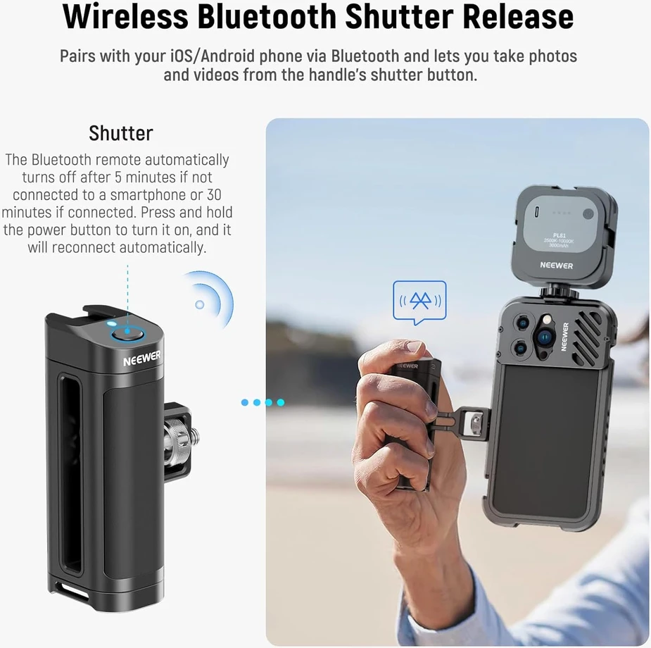 Neewer šoninis laikiklis su belaidžiu nuotoliniu valdymu ir Bluetooth užraktu, suderinamas su išmaniųjų telefonų narveliais PA005E