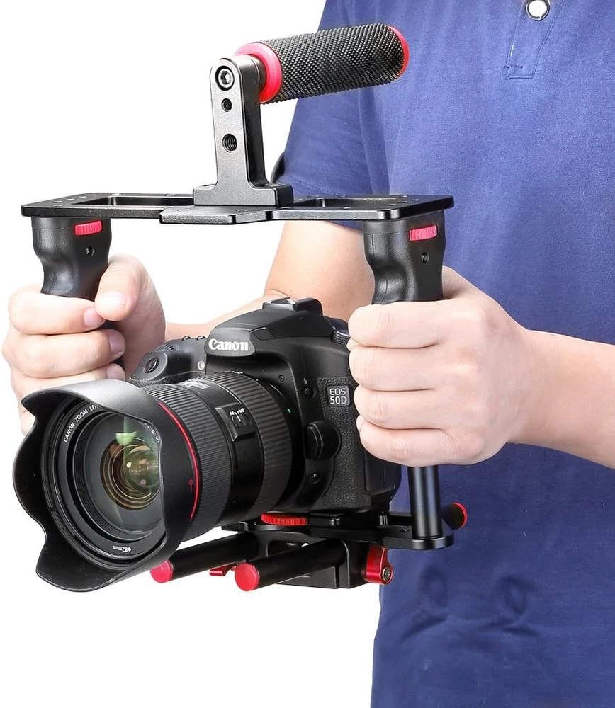 Neewer universalus aliuminio lydinio kameros narvelis su dvigubu rankiniu laikikliu ir 15 mm strypais CG-MF