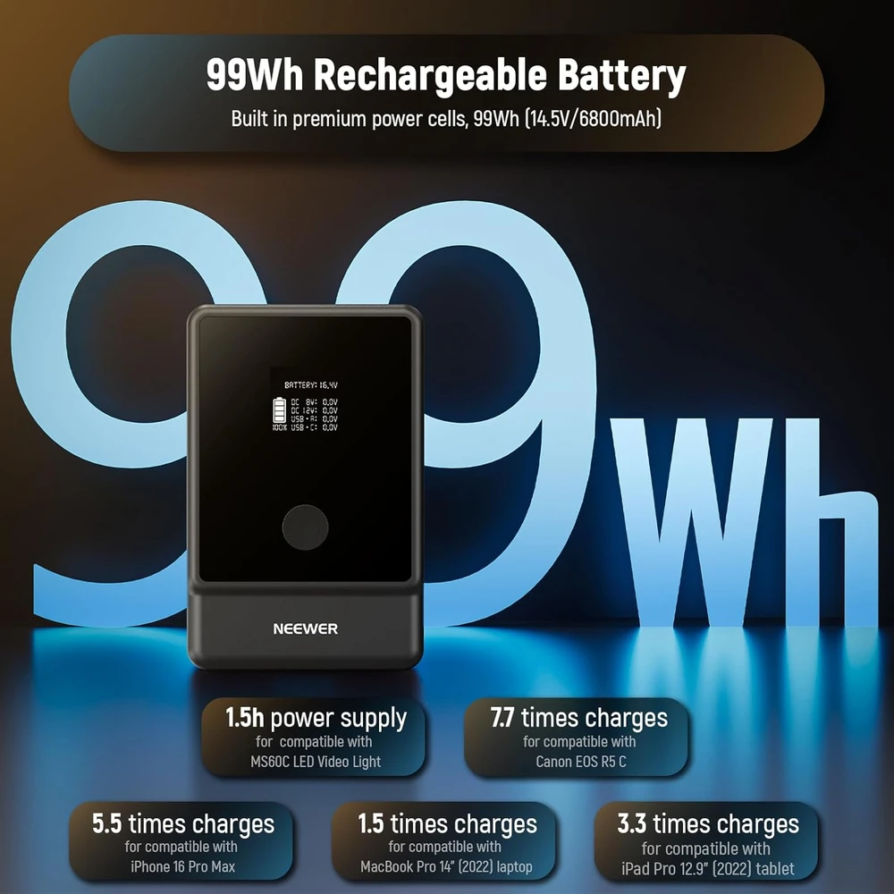 NEEWER V-mount akumuliatorius 6800 mAh 99 Wh su OLED ekranu, PD 65 W USB-C, PS099E