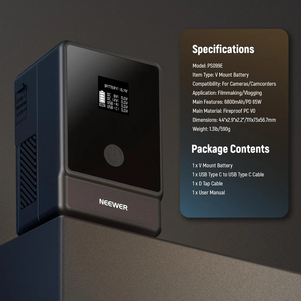 NEEWER V-mount akumuliatorius 6800 mAh 99 Wh su OLED ekranu, PD 65 W USB-C, PS099E