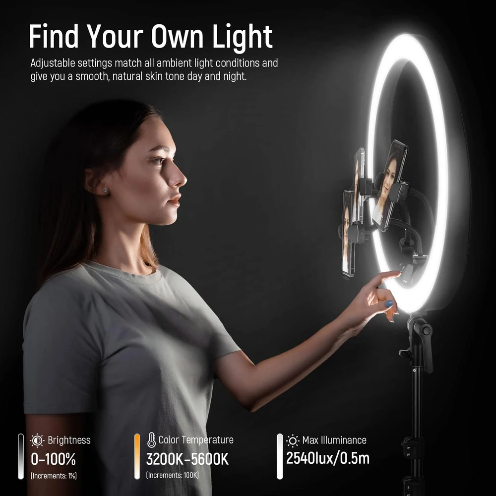 Neewer žiedinė LED lempa 19 colių su stovu, 512 LED, reguliuojamas ryškumas ir spalvos temperatūra, RP19H