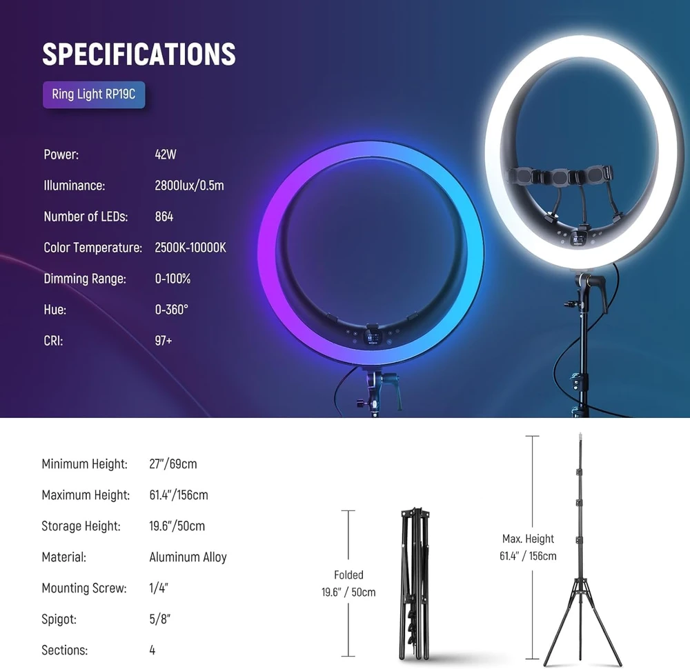 NEEWER žiedinė RGB LED lempa, 19 colių, 42 W, CRI97+, 2800 liuksų, su stovu, RP19C