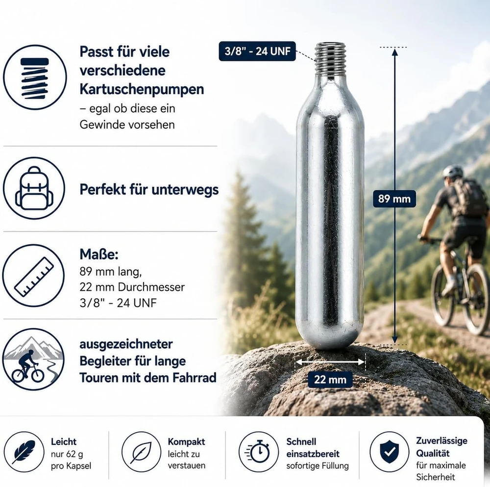 NEMT CO2 kasetės su sriegiu 16 g dviračių pompoms, 3/8" 24 UNF, 7 vnt.