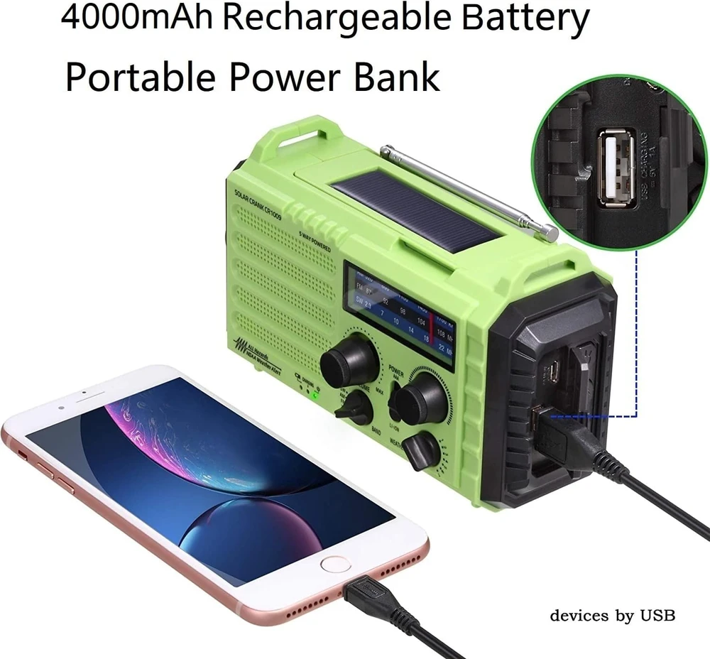 Nešiojamas avarinis radijas su AM/FM/SW imtuvu, saulės įkrovimu, 5000 mAh akumuliatoriumi ir LED žibintuvėliu Mesqool 1009-G