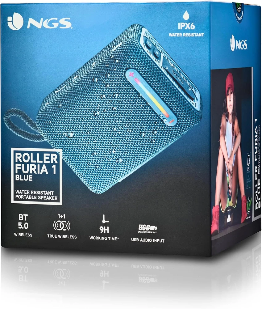NGS Roller Furia 1 Mėlyna nešiojamoji Bluetooth kolonėlė, 15 W, IPX6, RGB