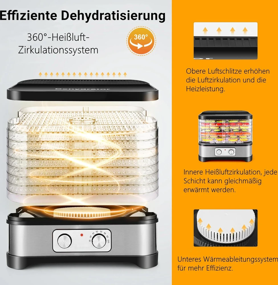 Nictemaw maisto džiovyklė su 8 nerūdijančio plieno padėklais, temperatūros reguliavimas 35–70 °C, 400 W, 5330-11-zz