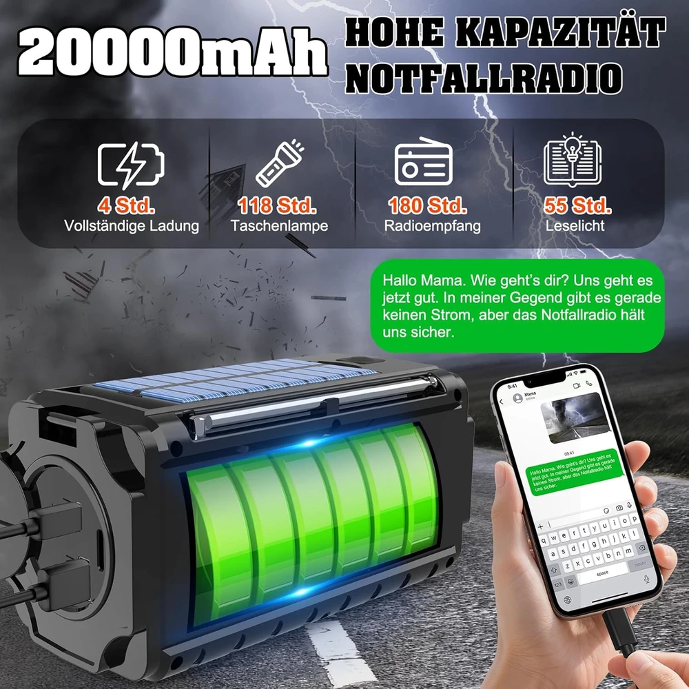 Nigecue nešiojamas saulės radijas su dinaminiu įkrovimu, 20000 mAh, AM/FM, LED žibintuvėlis, XSY350