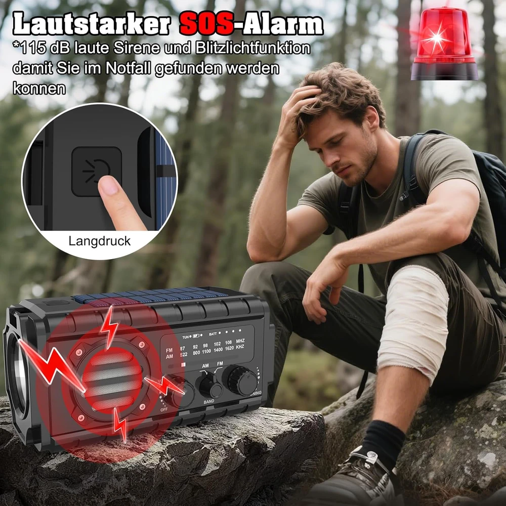 Nigecue nešiojamas saulės radijas su dinaminiu įkrovimu, 20000 mAh, AM/FM, LED žibintuvėlis, XSY350