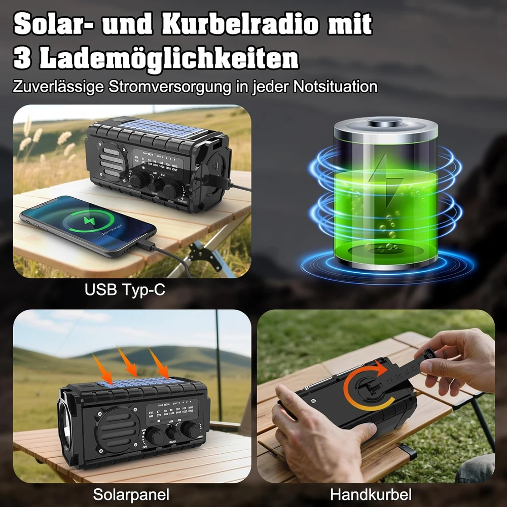 Nigecue nešiojamas saulės radijas su dinaminiu įkrovimu, 20000 mAh, AM/FM, LED žibintuvėlis, XSY350