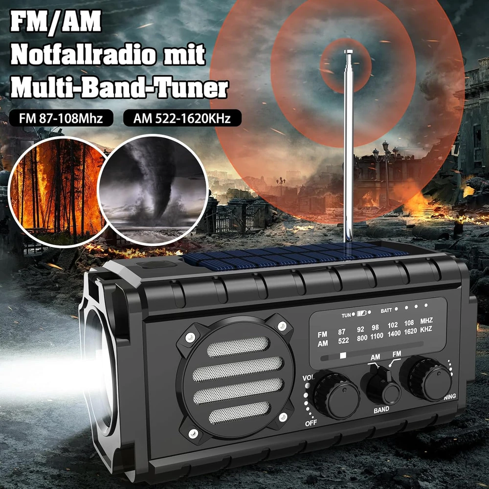 Nigecue nešiojamas saulės radijas su dinaminiu įkrovimu, 20000 mAh, AM/FM, LED žibintuvėlis, XSY350